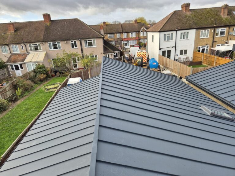 Standing seam aluminium roof with ridge detail by Excel Construction in Morden, South London