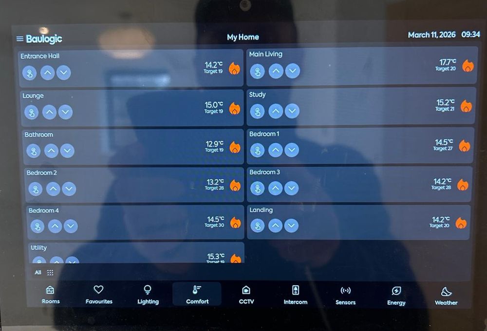 Baulogic KNX smart home touch panel showing room-by-room heating control, installed by Excel Construction